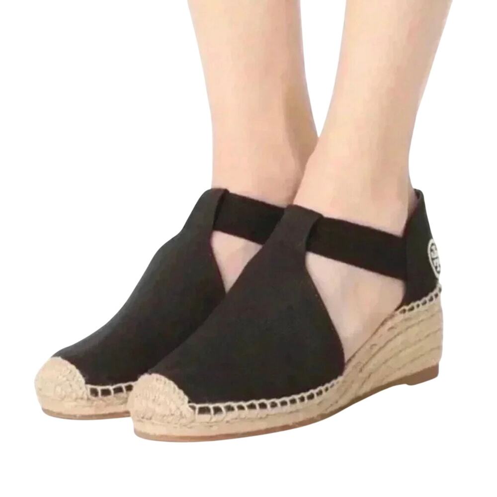 Tory Burch Black Espadrille Wedge Ankle Strap Shoes Size 8.5